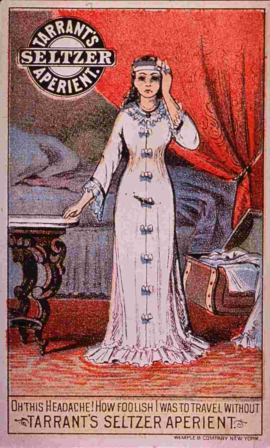 A vintage ad for a headache remedy plays to women.