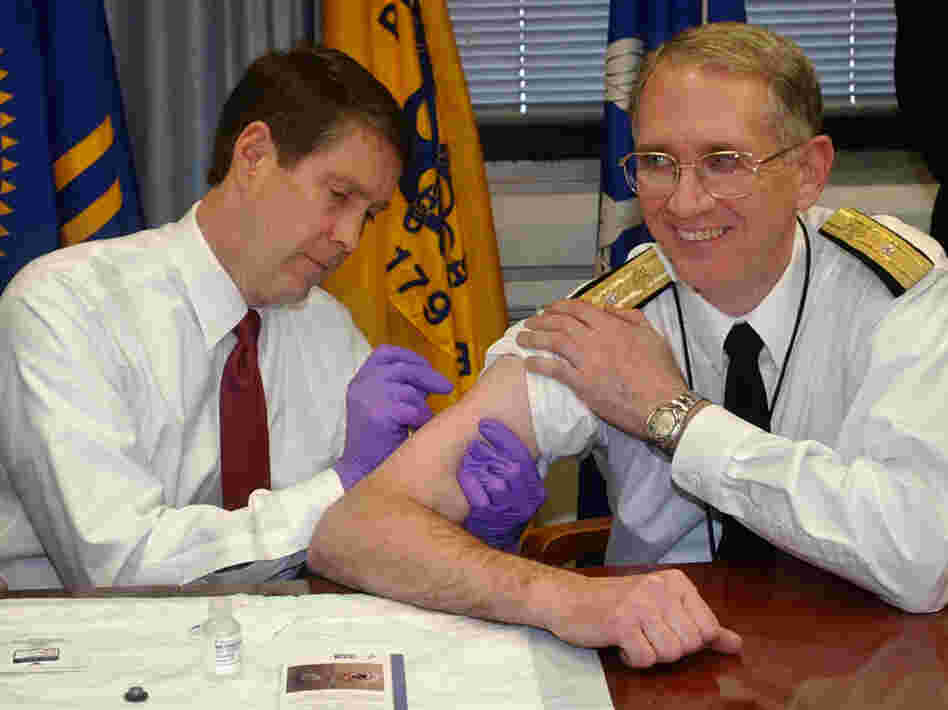 Sen. Bill Frist (left) gives a mock smallpox vaccine during a training session in 2003. Frist, a surgeon, once gave CPR to a visitor who collapsed in a Senate office building. 
