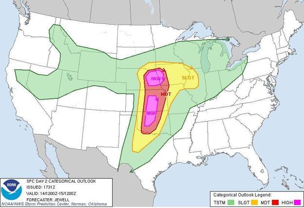 The darker areas are being warned about what's coming. They're where tornadoes could occur on Saturday and into Sunday.