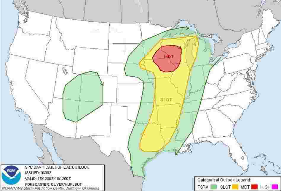 The darkest area is at the highest risk of severe weather, including tornadoes. The darkest area is at the highest risk of severe weather, including tornadoes.