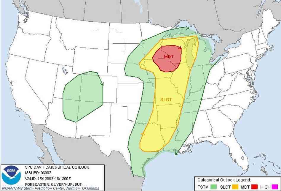 The darkest area is at the highest risk of severe weather, including tornadoes. The darkest area is at the highest risk of severe weather, including tornadoes.