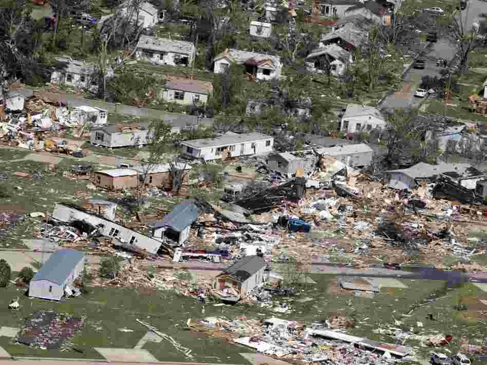 An aerial view of the destruction of the Oaklawn neighborhood in Wichita, Kan., on Sunday