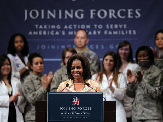 First lady Michelle Obama at a "Joining Forces" event at the University of Pennsylvania in Philadelphia, Wednesday, April 11, 2012.
