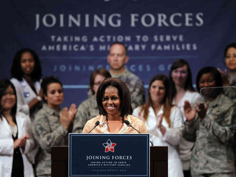 First lady Michelle Obama at a "Joining Forces" event at the University of Pennsylvania in Philadelphia, Wednesday, April 11, 2012.