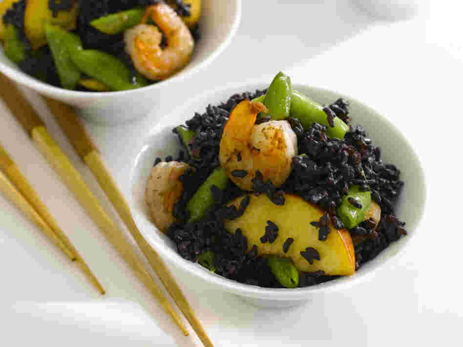 Black Forbidden Rice With Shrimp, Peaches And Snap Peas