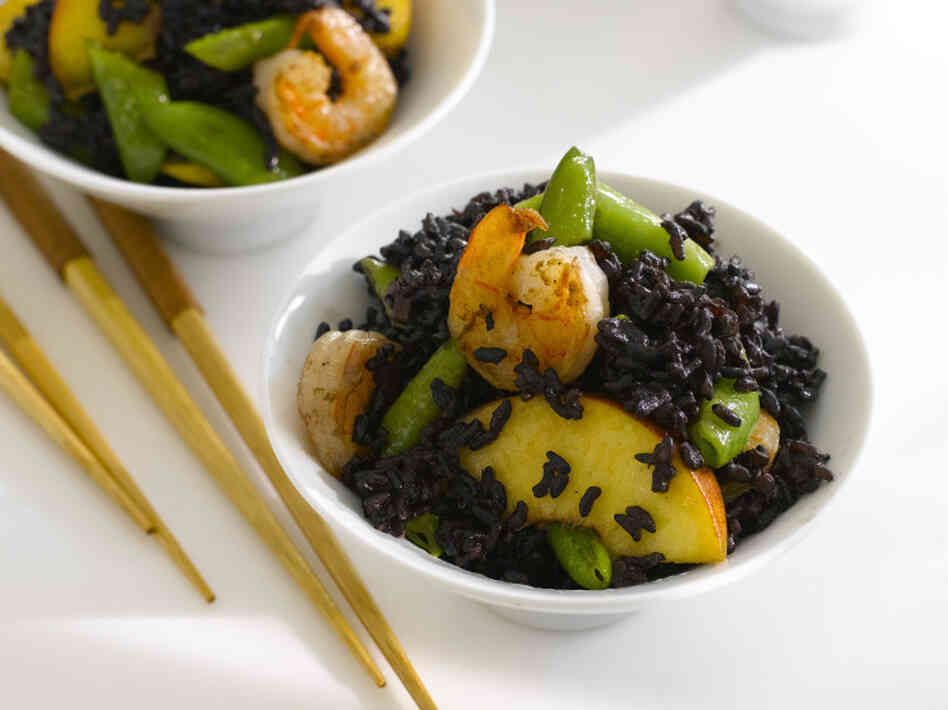 Black Forbidden Rice With Shrimp, Peaches And Snap Peas
