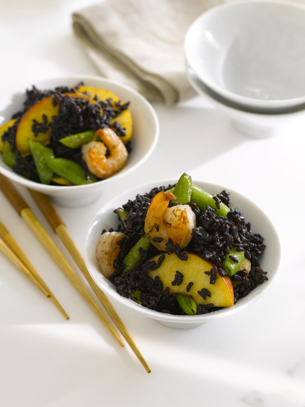 Black Forbidden Rice With Shrimp, Peaches And Snap Peas