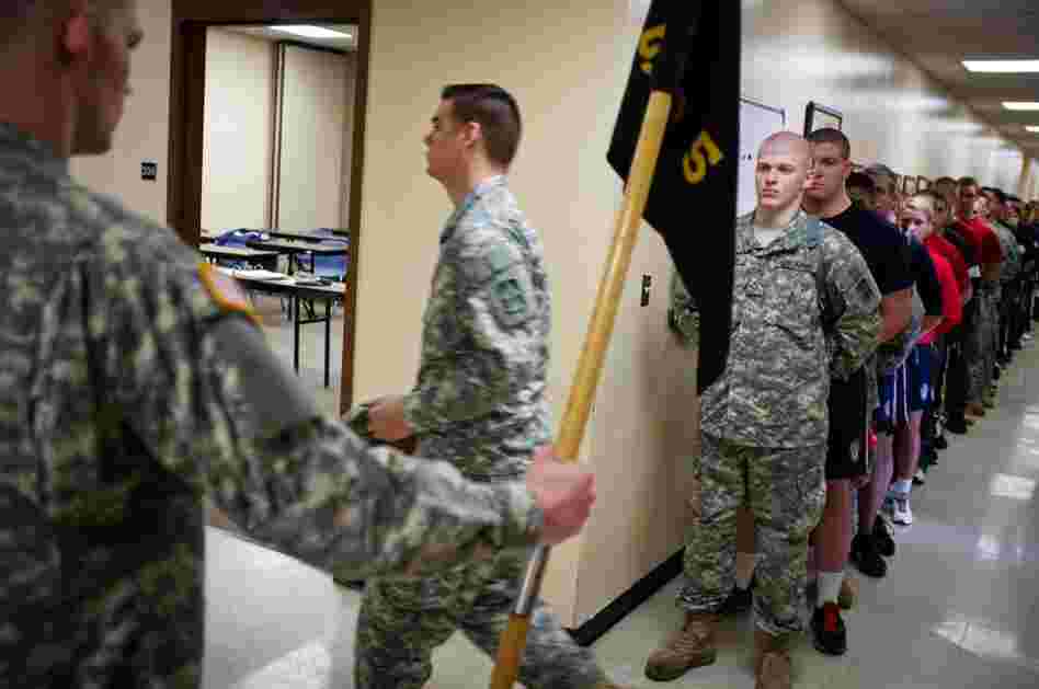 Army recruits, many still in high school, participate in weekend drills at the Evansville National Guard Armory in preparation for basic training.