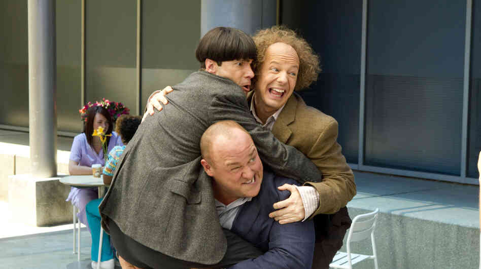 After they leave their orphanage for the first time, Curly (Will Sasso) bears a heavy burden — his fellow Stooges, Moe (Chris Diamantopoulos, left) and Larry (Sean Hayes).