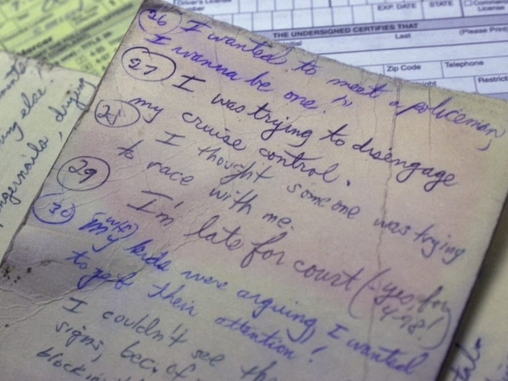 Patrolman Frank Masterson in Ewing Township, N.J., collected excuses he heard over the years from drivers issued speeding tickets. We don't see a mention of physics or sneezing.