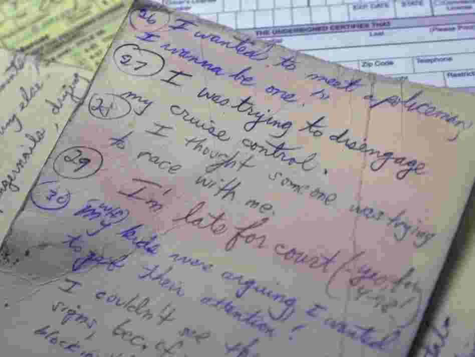 Patrolman Frank Masterson in Ewing Township, N.J., collected excuses he heard over the years from drivers issued speeding tickets. We don't see a mention of physics or sneezing.