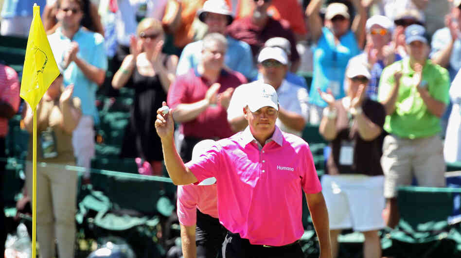 Bo Van Pelt celebrates his hole-in-one during the final round of the Masters on April 8. New research suggests that golfers may be able to improve their games by believing the hole they're aiming for is larger than it really is.