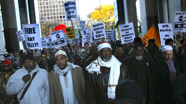 Muslim community members and supporters march near 1 Police Plaza to protest the New York Police Department surveillance operations of Muslim communities, Friday, Nov. 18, 2011, in New York. Muslim community members and supporters march near 1 Police Plaza to protest the New York Police Department surveillance operations of Muslim communities, Friday, Nov. 18, 2011, in New York.