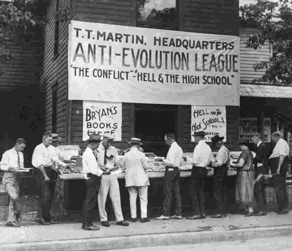 In 1925, people lined up to buy anti-evolution books in Dayton, Tenn., where the "monkey trial" of teacher John T. Scopes took place. Tennessee recently enacted a law encouraging teachers to question accepted science on evolution and other issues. In 1925, people lined up to buy anti-evolution books in Dayton, Tenn., where the "monkey trial" of teacher John T. Scopes took place. Tennessee recently enacted a law encouraging teachers to question accepted science on evolution and other issues.