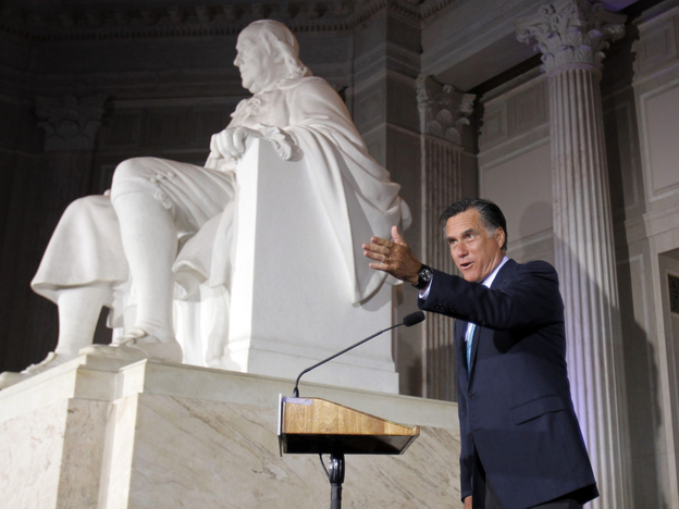 Courting Tea Party voters in Philadelphia on Monday night, Mitt Romney speaks next to a large statue of Benjamin Franklin at the Franklin Institute.