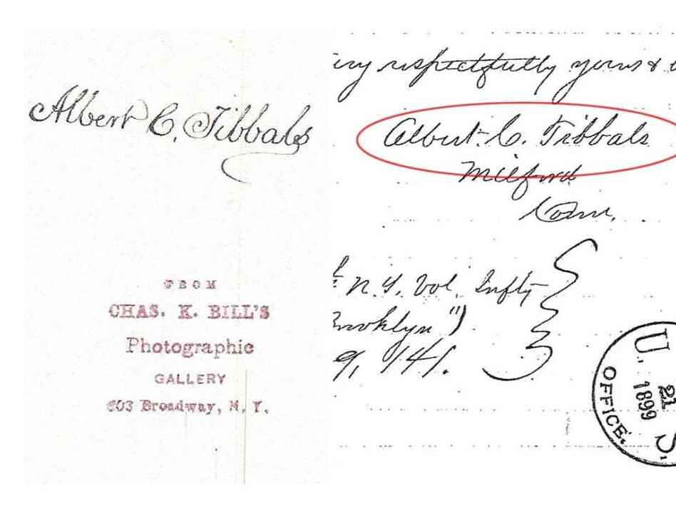 We created this composite image that shows the back of the photo with Tibbals' name (left) and his signature on a letter (right). 