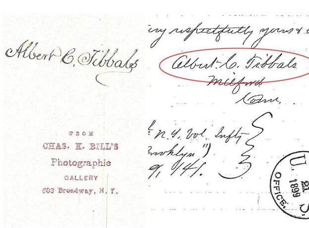 We created this composite image that shows the back of the photo with Tibbals' name (left) and his signature on a letter (right). 