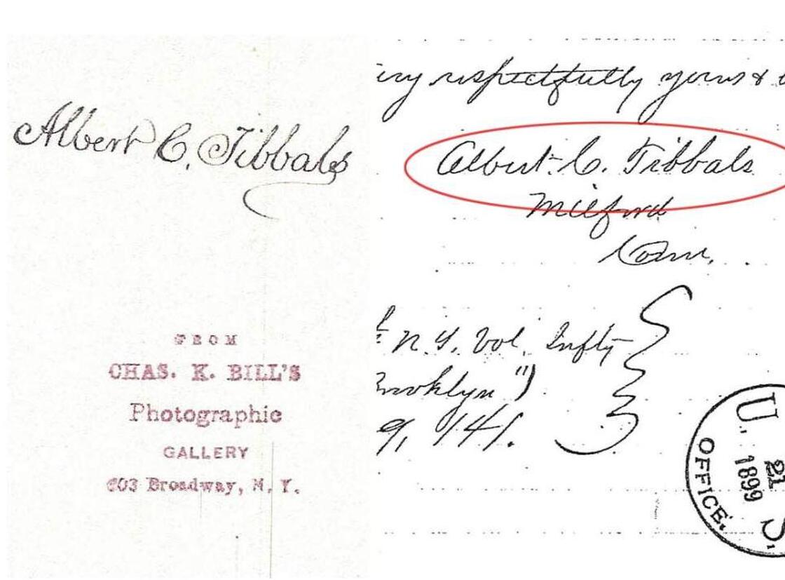We created this composite image that shows the back of the photo with Tibbals' name (left) and his signature on a letter (right). 