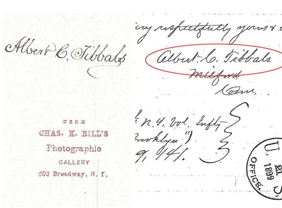We created this composite image that shows the back of the photo with Tibbals' name (left) and his signature on a letter (right). 