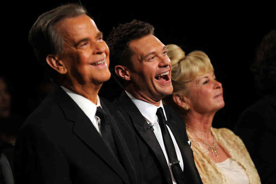 A debilitating stroke in 2004 forced Clark to cut back on public appearances. Here, he and his third wife, Kari Wigton, hang out at the 2010 Daytime Emmy Awards with Ryan Seacrest, who'd become his co-host on New Year's Rockin' Eve. 