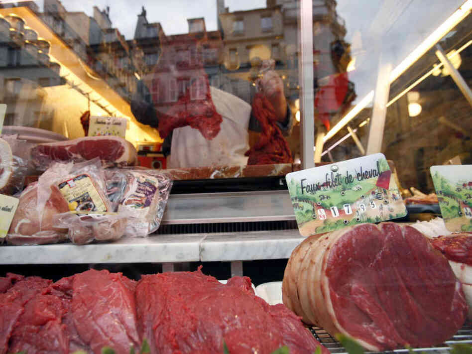 No, that's not beef — it's horse meat, at a butcher shop in France. Horse remains a popular food in many countries, but often makes Americans squeamish.