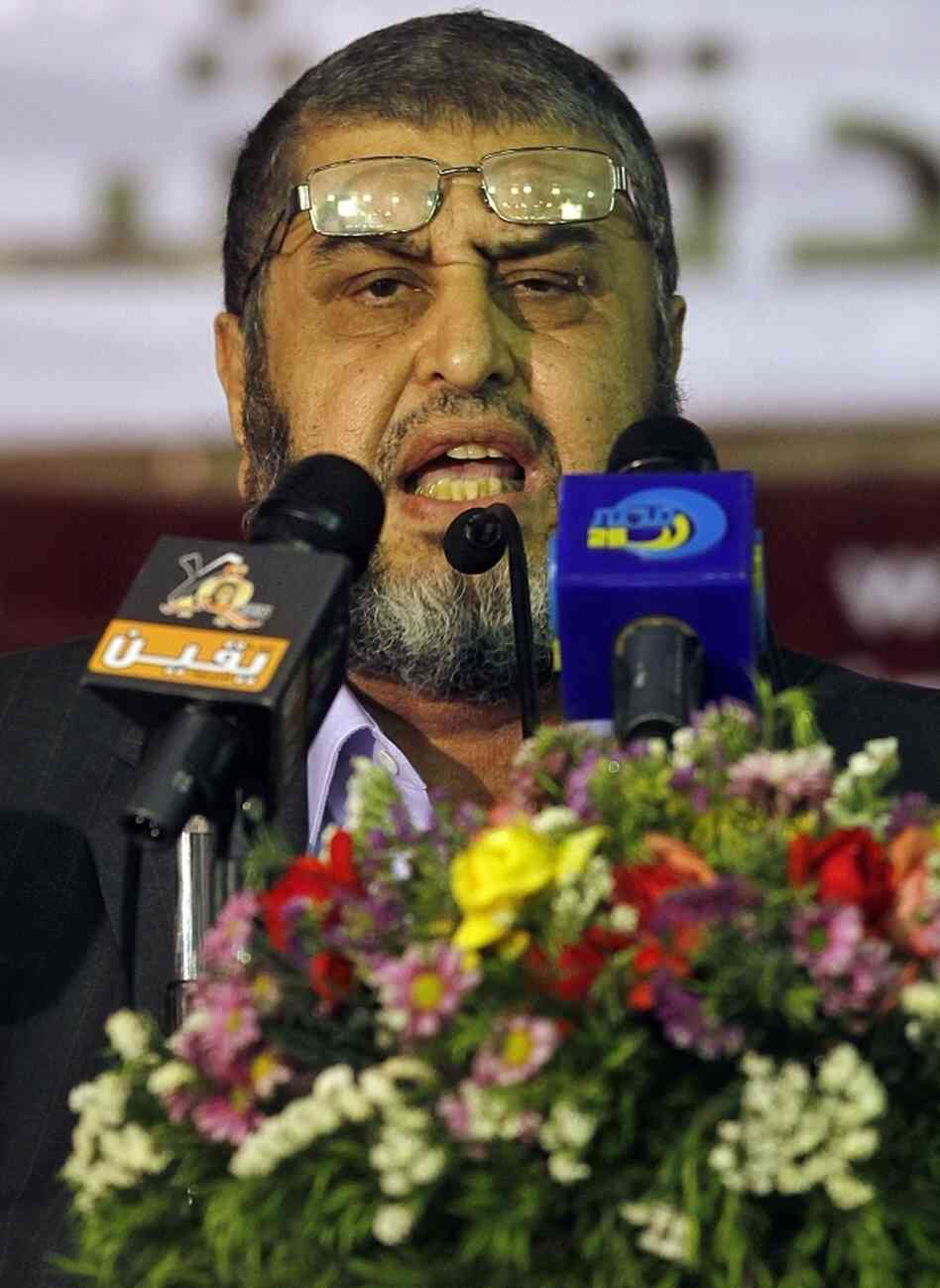 Egypt's Muslim Brotherhood presidential candidate Khairat el-Shater talks to reporters in Cairo on Tuesday. The elections commission has disqualified 10 presidential hopefuls, including el-Shater.