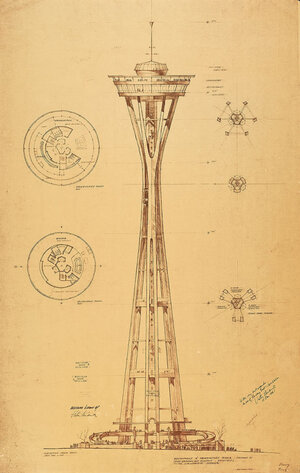 Preliminary design of the Seattle Space Needle for the 1962 Seattle World's Fair Exhibition. Victor Steinbrueck did the original drawing in August 1960. Preliminary design of the Seattle Space Needle for the 1962 Seattle World's Fair Exhibition. Victor Steinbrueck did the original drawing in August 1960.