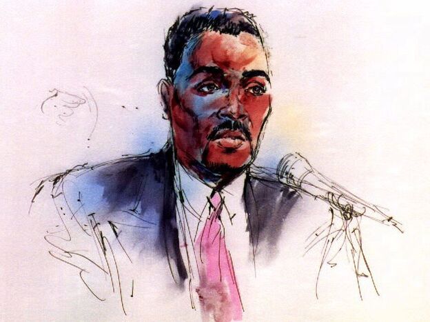 The courtroom artist's drawing of Rodney King as he testifies in the federal trial against four police officers accused of violating his civil rights in 1991.