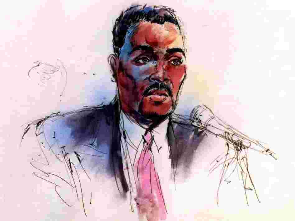 The courtroom artist's drawing of Rodney King as he testifies in the federal trial against four police officers accused of violating his civil rights in 1991.