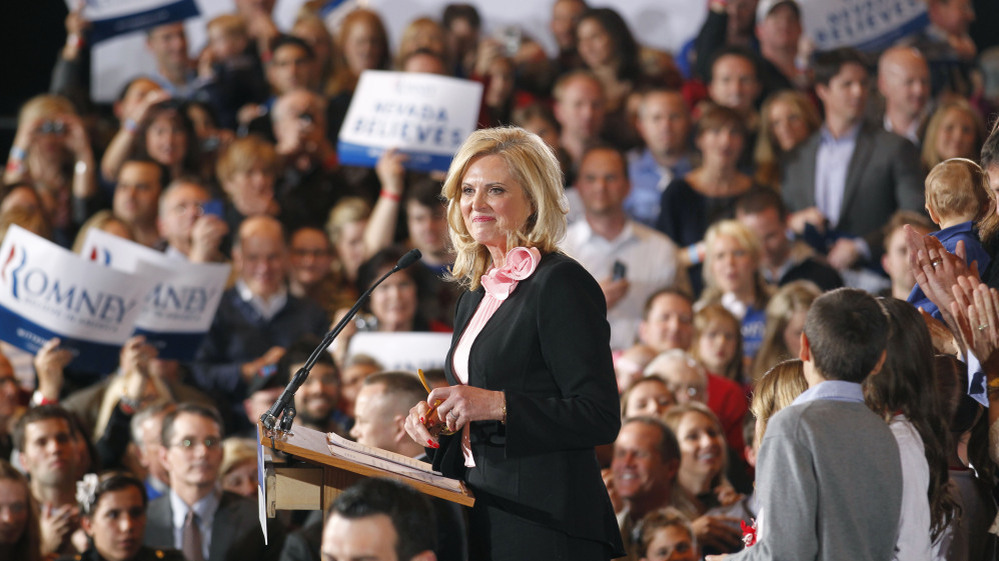 Ann Romney, wife of Republican presidential candidate Mitt Romney, speaks at his Nevada caucus victory celebration in Las Vegas on Feb. 4.