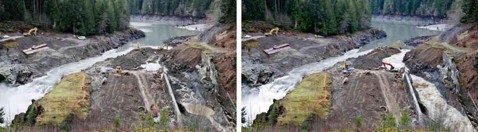 Construction crews redirected the Elwha River during the deconstruction of the lower dam. The view on the left is at the start of redirection process. The picture on the right is about two hours later.