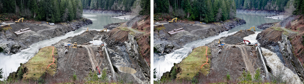 Construction crews redirected the Elwha River during the deconstruction of the lower dam. The view on the left is at the start of redirection process. The picture on the right is about two hours later.