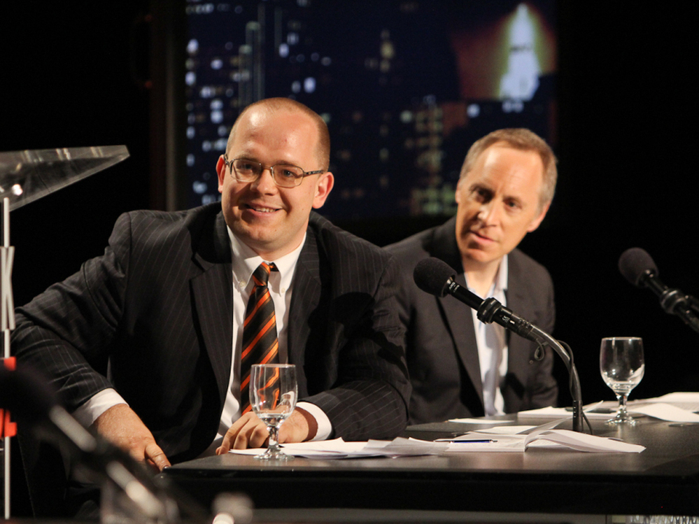 Evgeny Morozov (left) and Jacob Weisberg argued the Internet isn't closing our minds when it comes to politics.
