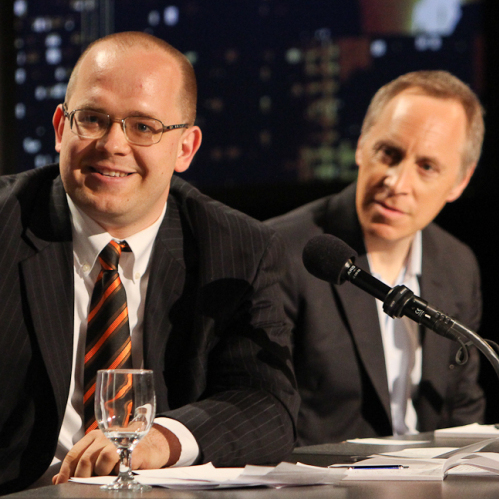 Evgeny Morozov (left) and Jacob Weisberg argued the Internet isn't closing our minds when it comes to politics.
