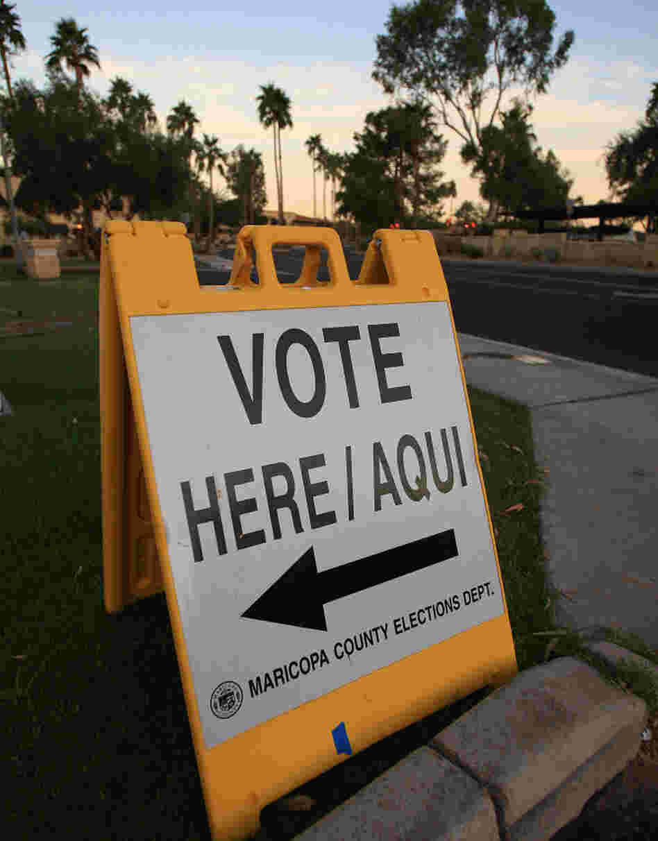 A bilingual sign announces a polling place in the 2008 general election on November 4  in Phoenix, Ariz.