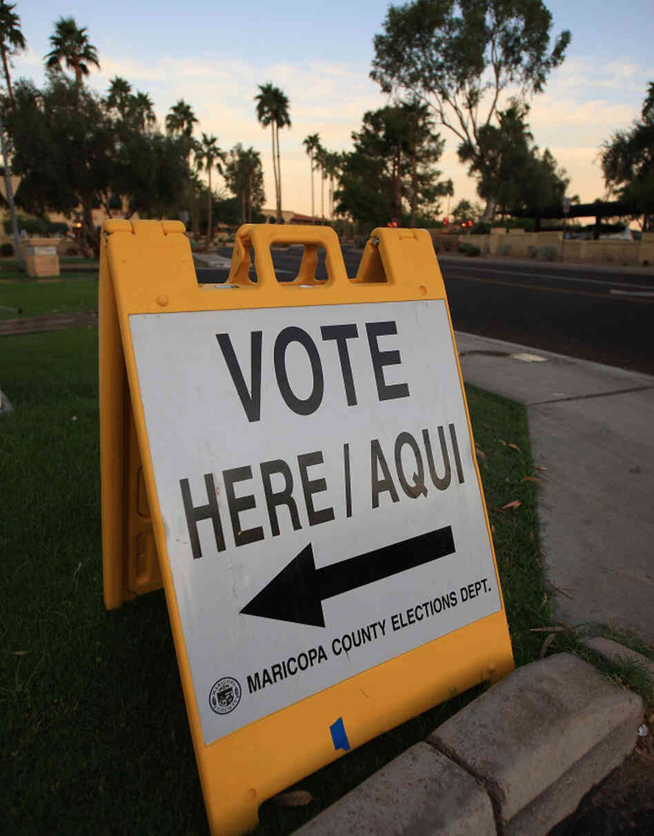 A bilingual sign announces a polling place in the 2008 general election on November 4  in Phoenix, Ariz.