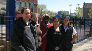 Parents who oppose Emanuel's plan to lengthen the school day to seven hours for elementary students (from left): Jonathan Goldman, Joy Clendenning, Josephine Sanders, Nellie Cotton and Mary Botello.