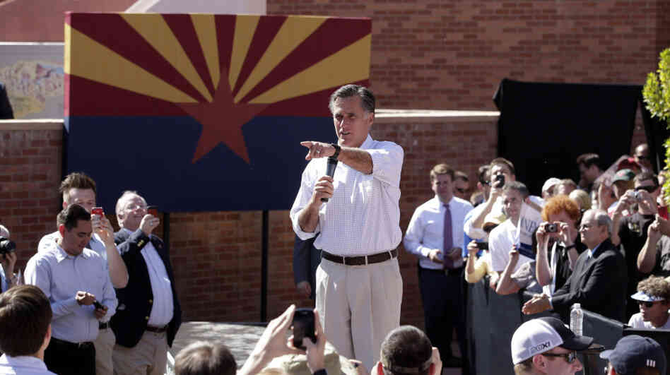 Republican presidential candidate and former Massachusetts Gov. Mitt Romney speaks at a campaign rally in Tempe, Ariz., on Friday. Republican presidential candidate and former Massachusetts Gov. Mitt Romney speaks at a campaign rally in Tempe, Ariz., on Friday.