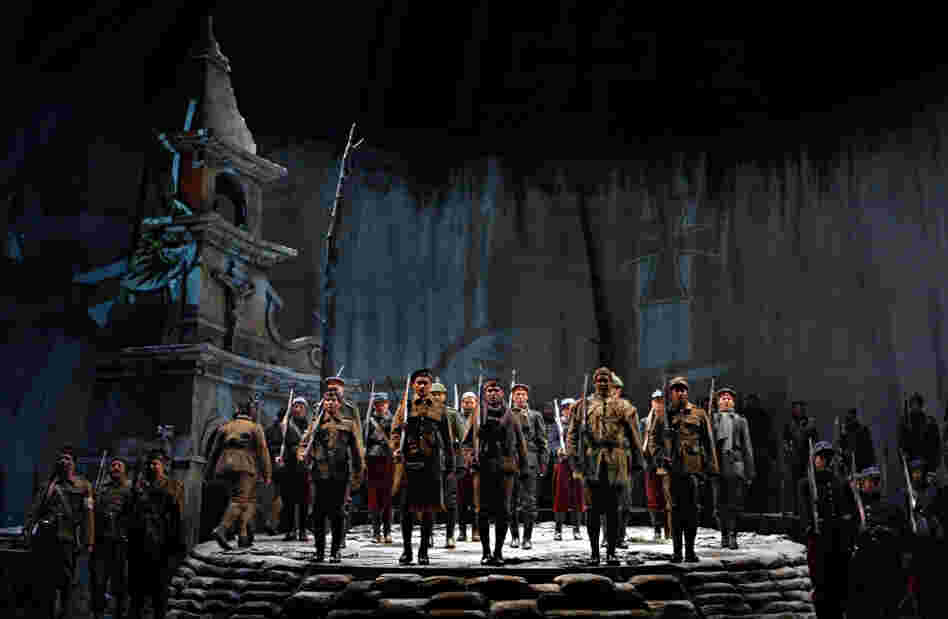 Near the beginning of the opera, it's December 23rd, 1914, and the three nationalities of soldiers in this story are lined up for a chorus — Scottish in front, French in the rear and Germans in the middle.
