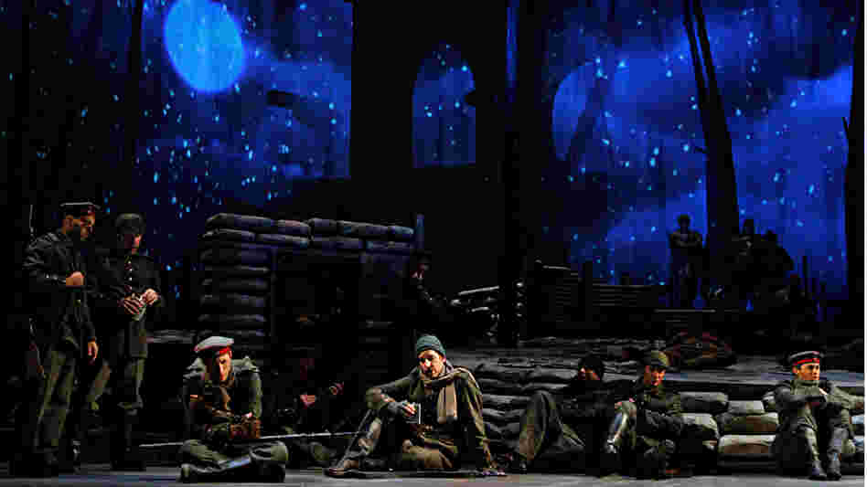 In the French bunker, the soldiers are tired and dragging. They sing the "Sleep Chorus" as snow begins to fall.