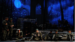 In the French bunker, the soldiers are tired and dragging. They sing the "Sleep Chorus" as snow begins to fall.