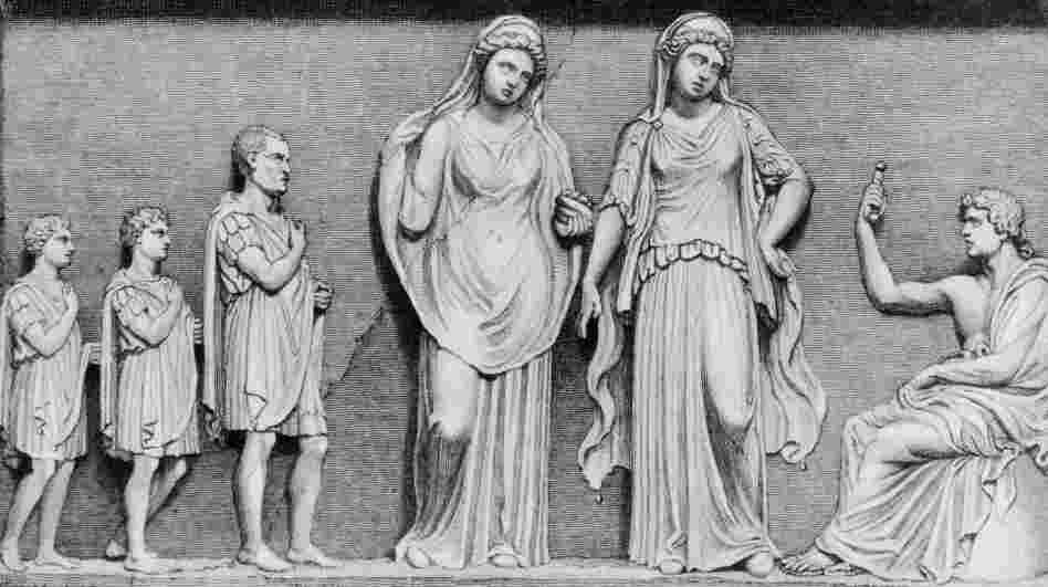 A father and his two sons consulting the oracles of Apollo at Delphi in ancient Greece, circa 600 B.C.