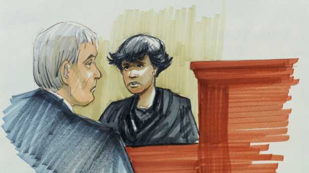 In this courtroom sketch, singer and actress Jennifer Hudson testifies on Monday in Chicago at the murder trial of William Balfour.