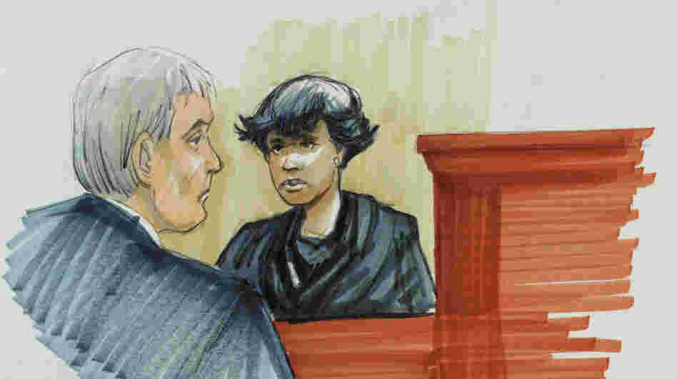 In this courtroom sketch, singer and actress Jennifer Hudson testifies on Monday in Chicago at the murder trial of William Balfour.