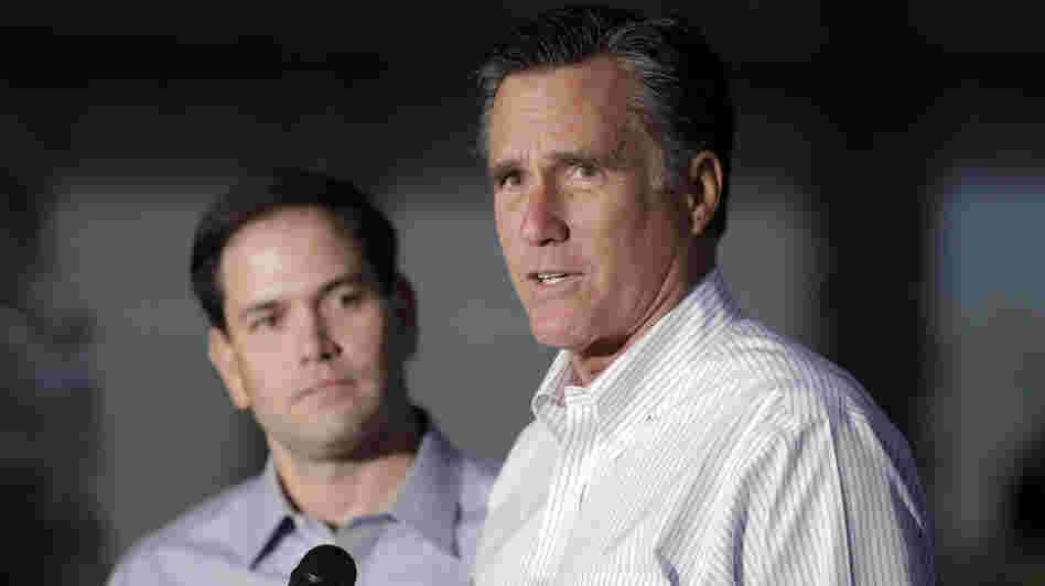 Republican presidential candidate Mitt Romney, joined by Sen. Marco Rubio, R-Fla., talks to reporters during a news conference in Aston, Pa., on Monday. Rubio is frequently mentioned as a potential running mate for Romney. Republican presidential candidate Mitt Romney, joined by Sen. Marco Rubio, R-Fla., talks to reporters during a news conference in Aston, Pa., on Monday. Rubio is frequently mentioned as a potential running mate for Romney.