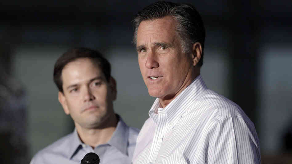Republican presidential candidate Mitt Romney, joined by Sen. Marco Rubio, R-Fla., talks to reporters during a news conference in Aston, Pa., on Monday. Rubio is frequently mentioned as a potential running mate for Romney. Republican presidential candidate Mitt Romney, joined by Sen. Marco Rubio, R-Fla., talks to reporters during a news conference in Aston, Pa., on Monday. Rubio is frequently mentioned as a potential running mate for Romney.