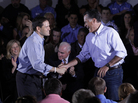 Republican presidential candidate Mitt Romney shakes hands with Sen. Marco Rubio, R-Fla., during a town hall-style meeting in Aston, Pa., on Monday. Republican presidential candidate Mitt Romney shakes hands with Sen. Marco Rubio, R-Fla., during a town hall-style meeting in Aston, Pa., on Monday.