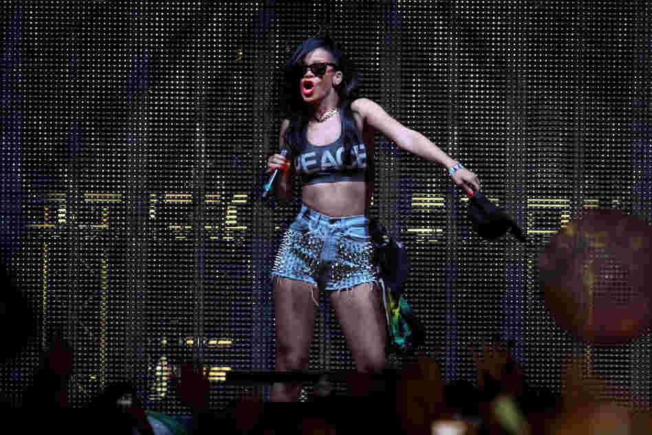 Rihanna performs during a set by DJ and producer Calvin Harris, who produced the singer's hit "We Found Love," during the first weekend of the 2012 Coachella Valley Music & Arts Festival in Indio, Calif. 
