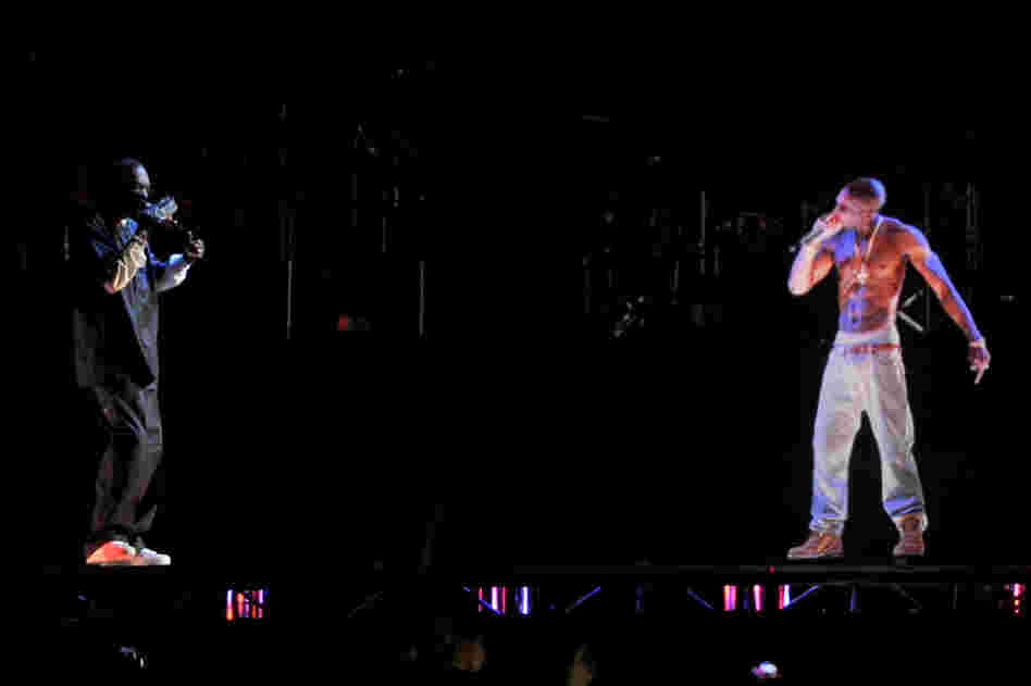 During a set by Sunday night headliners Dr. Dre and Snoop Dog, a holographic image of Tupac Shakur, who died in 1996, performed for the crowd. In a YouTube message to fans, Dr. Dre said, "This was not done for a tour. If a tour happens, we'll see." 