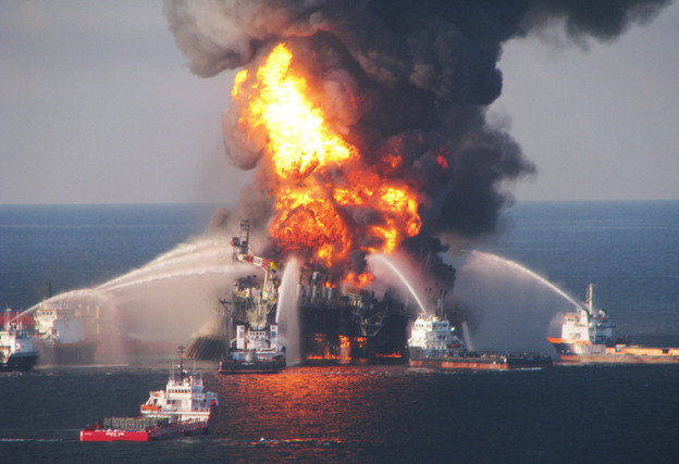 Fire boats battle a fire at the off shore oil rig Deepwater Horizon in April of 2010.